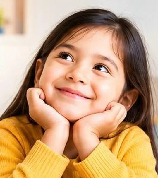 Niña sonriente apoyando el rostro en sus manos